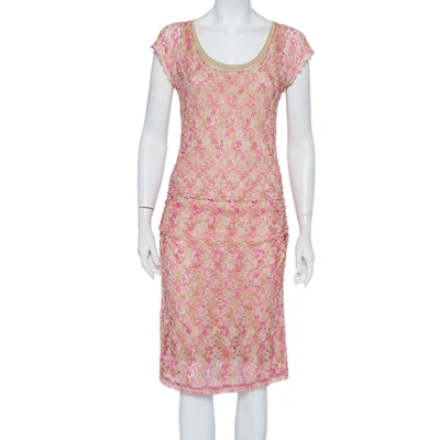 Pre-owned Missoni Pink & Beige Knit Ruched Sleeveless Midi Dress M