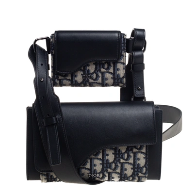 Pre-owned Dior Beige/blue Oblique Canvas And Leather Elite Shoulder Pouch  Bag | ModeSens