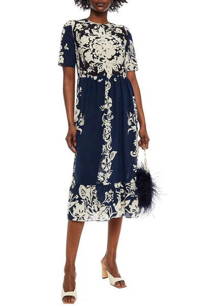 Shop Red Valentino Gathered Printed Silk Crepe De Chine Midi Dress In Navy
