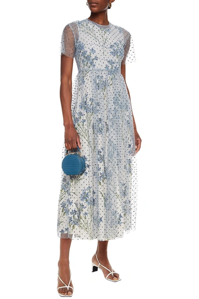 Red Valentino Layered Glittered Tulle And Floral-print Crepe Midi Dress In Light Blue