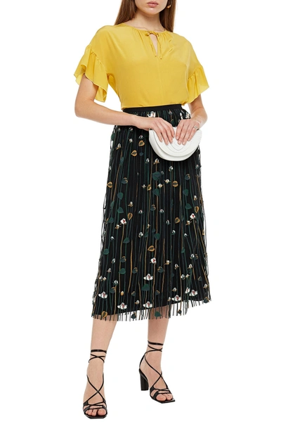 Shop Red Valentino Gathered Embroidered Tulle Midi Skirt In Black