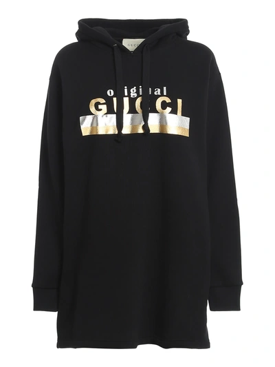 Shop Gucci Laminated Logo Hoodie Dress In Black
