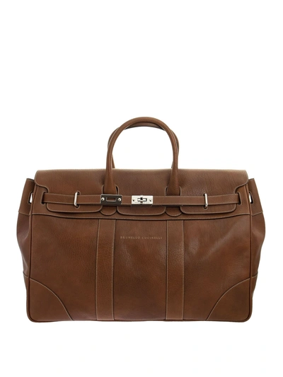Shop Brunello Cucinelli Grained Leather Travel Bag In Brown