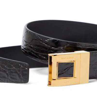Shop Saint Laurent Croc-effect Leather Belt In Black