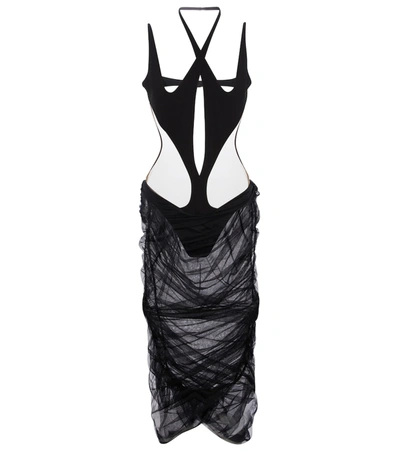 Mugler Cutout Tulle Midi Dress In Black