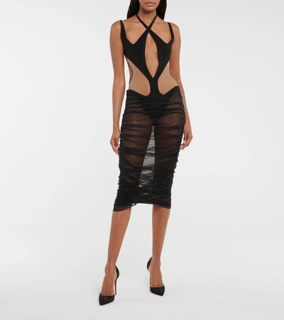 Mugler Cutout Tulle Midi Dress In Black