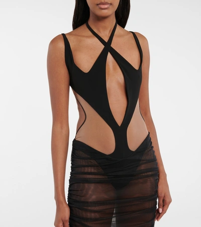 Mugler Cutout Tulle Midi Dress In Black