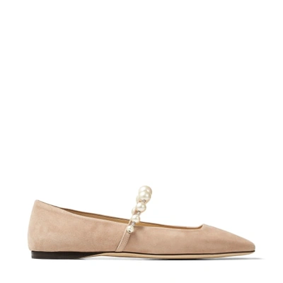 Jimmy Choo Suede Leather Ballerina Flats With Pearl In Ballet Pink/white