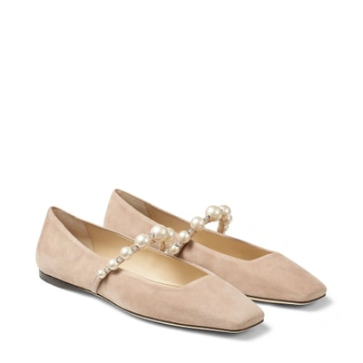 Jimmy Choo Suede Leather Ballerina Flats With Pearl In Ballet Pink/white
