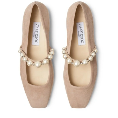 Jimmy Choo Suede Leather Ballerina Flats With Pearl In Ballet Pink/white