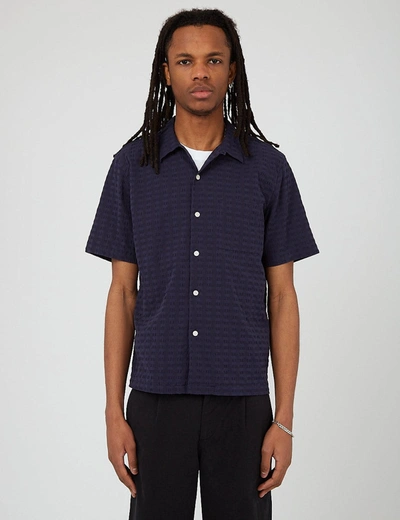 Shop Bhode Cuca Cuban Collar Shirt (seersucker) In Navy Blue