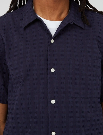 Shop Bhode Cuca Cuban Collar Shirt (seersucker) In Navy Blue