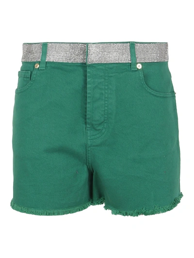 Shop Alexandre Vauthier Crystal Belt Denim Shorts In Emerald Color In Green