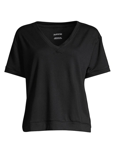 Shop Yummie Women's V-neck French Terry T-shirt In Black