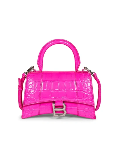 Shop Balenciaga Xs Hourglass Embossed Croc Top Handle Bag In Neon Pink