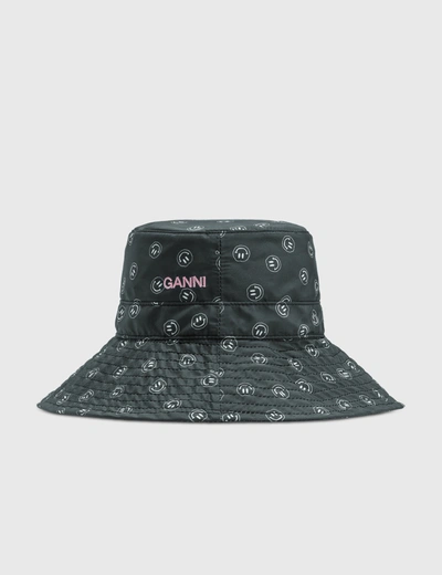 Shop Ganni Recycled Tech Fabric Smiley Bucket Hat In Black