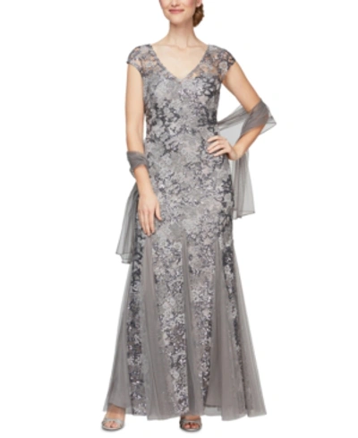 Shop Alex Evenings Embellished-lace Embroidered Illusion Gown & Shawl In Pewter Gray