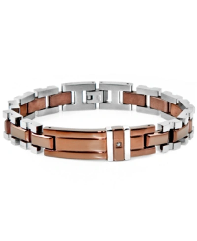 Shop Macy's Diamond Accent Men's Link Bracelet In Stainless Steel & Brown Ion-plate