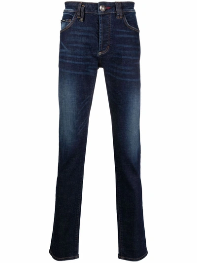 Shop Philipp Plein Embroidered-skull Straight-cut Jeans In Blue