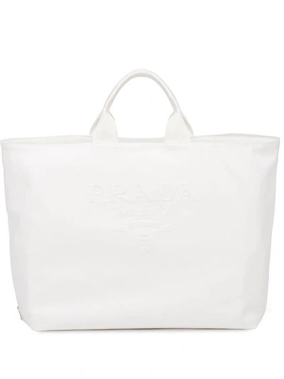 Shop Prada Drill Embossed-logo Tote Bag In Weiss