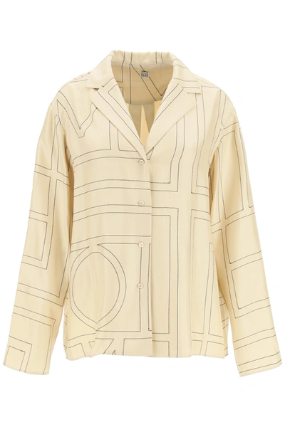 Shop Totême Silk Twill Pajama Shirt In Ivory Monogram (beige)