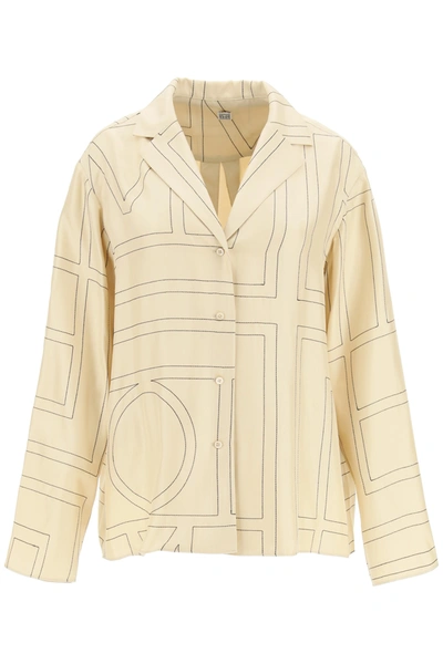 Totême Silk Shirt With Monogram Logo Embroidery In Ivory Monogram (beige)