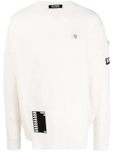 Shop Raf Simons Reversed Slogan-patch Cable Knit Jumper In Nude