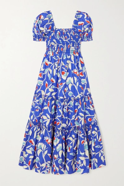 Shop Tory Burch Shirred Floral-print Cotton-blend Maxi Dress In Cobalt Blue