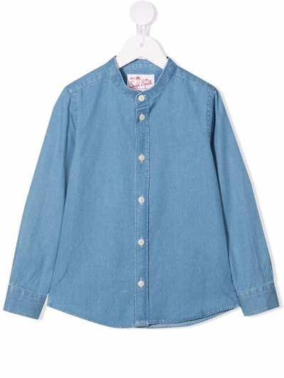 Shop Mc2 Saint Barth Band-collar Denim Shirt In Blue