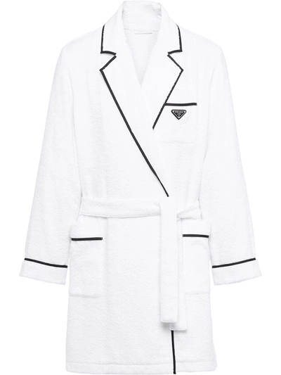 Prada Triangle Logo Trimmed Robe In White | ModeSens
