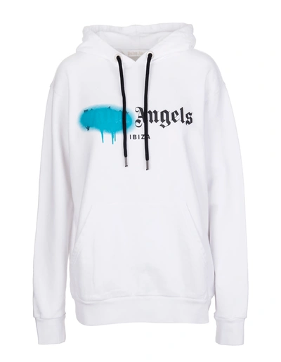 Shop Palm Angels Woman White And Blue Oversize Spray Logo Ibiza Hoodie