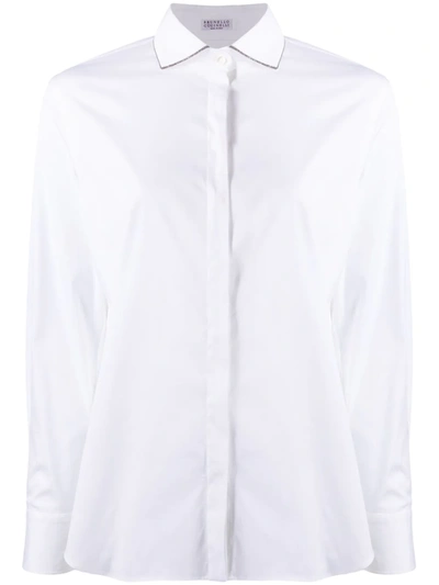 Brunello Cucinelli Bead-embellished Cotton-blend Poplin Shirt In Weiss
