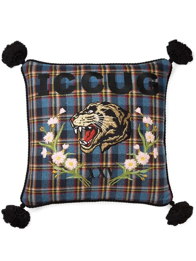 Shop Gucci Tiger Embroidered Check Cushion In Blue