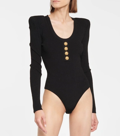 Shop Balmain Scoop-neck Ribbed-knit Bodysuit In 黑色