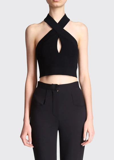 Shop Balmain Twisted Halter-neck Knit Crop Top In Black