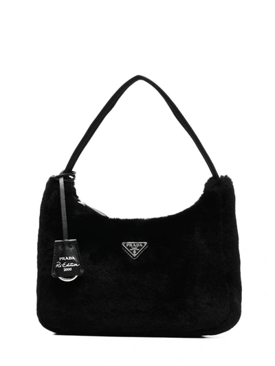 Shop Prada Black Re-edition 2000 Shearling Handbag In Nero