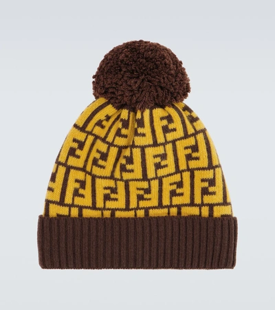 Shop Fendi Ff Wool Beanie In Brown