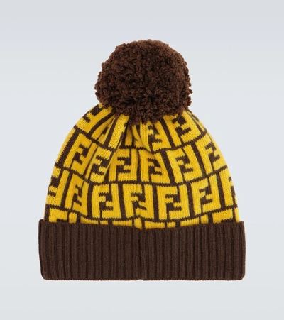 Shop Fendi Ff Wool Beanie In Brown