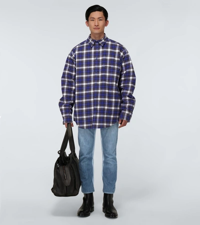 Padded Logo embroidered Checked Cotton flannel Overshirt In Blue