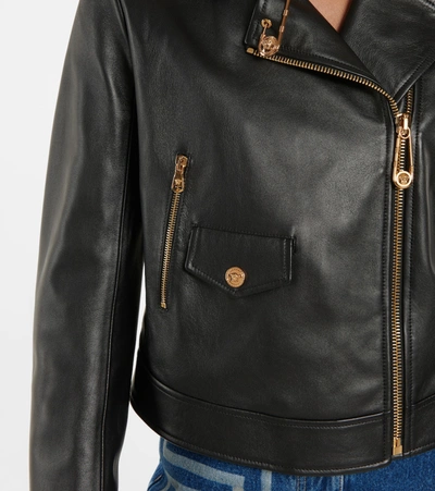 Shop Versace Safety Pin Leather Biker Jacket In Black