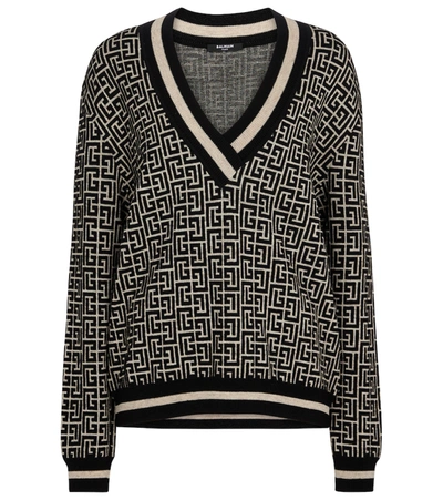 Shop Balmain Monogram Jacquard Wool-blend Sweater In White