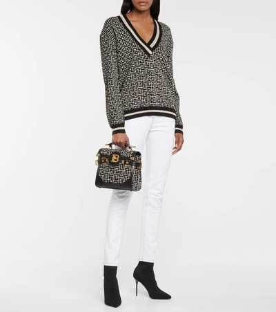 Shop Balmain Monogram Jacquard Wool-blend Sweater In White
