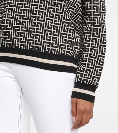 Shop Balmain Monogram Jacquard Wool-blend Sweater In White