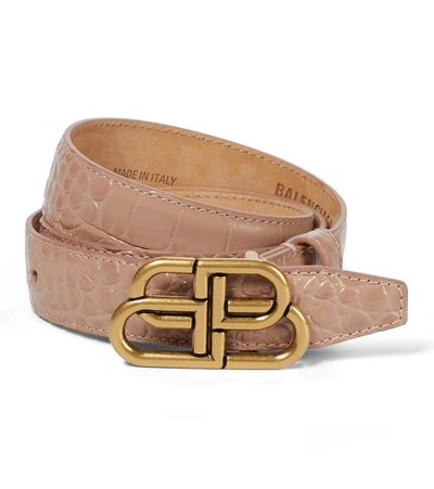 Shop Balenciaga Bb Croc-effect Leather Belt In Beige