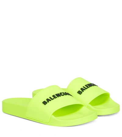 Shop Balenciaga Logo Rubber Slides In Yellow
