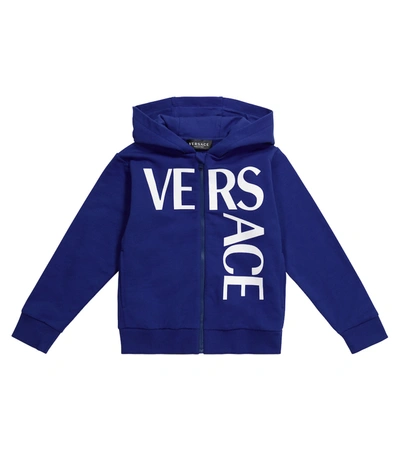 Shop Versace Logo Cotton Hoodie In Blue