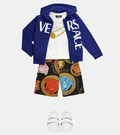 Shop Versace Logo Cotton Hoodie In Blue