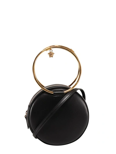 Shop Versace Logo Printed Round Shoulder Bag In Black