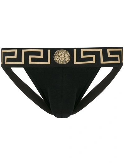 Shop Versace Stretch Cotton Jock Strap With Medusa Greca Logo In Black