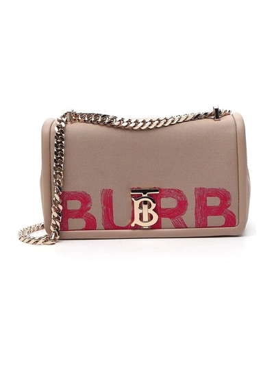 Shop Burberry Lola Graffiti Logo Shoulder Bag In Beige